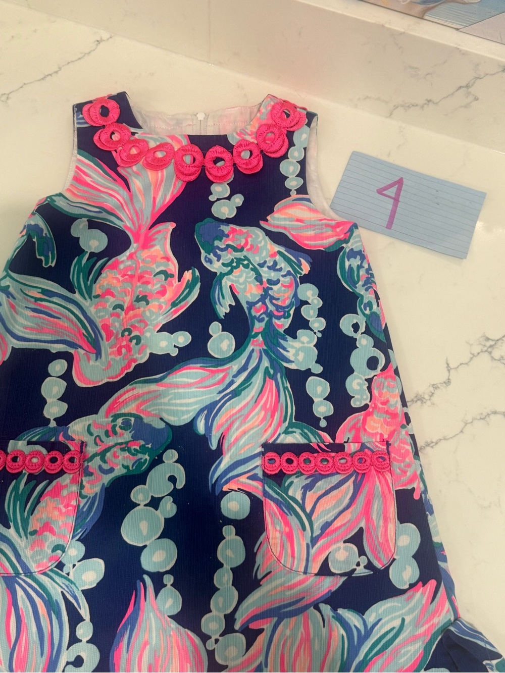 Lilly Pulitzer size 4 Navy Blue Floral Fish Print Girls Dress with Pink Trim